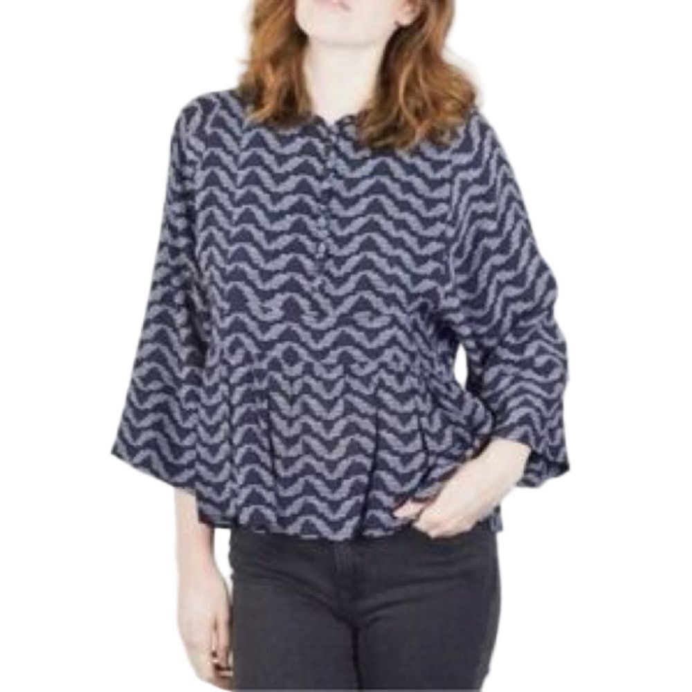 Apiece Apart Size S Silk Mesa Crinkle Drape Blouse Top Blue Geo 3/4 Sleeves